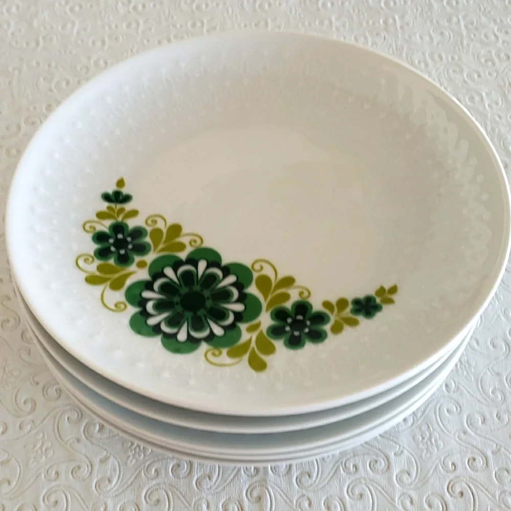 VTG. Mitterteich Bavaria 6 White Porcelain & Green Floral Salad Plates, 7 3/4